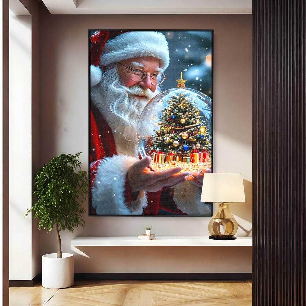 Tablou canvas cu tablou canvas cu mos craciun, in rama de aluminiu negru